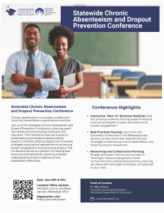 A flyer announcing the Statewide Chronic Absenteeism and Dropout Prevention Conference set for June 18-19 at the Hilton Jackson in Jackson, Mississippi. Register at https://qrco.de/msdpc